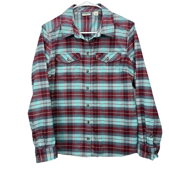 LL Bean Whisper Lodge Plaid Flannel Button Up Shirt Size LARGE PETITE - Picture 3 of 10